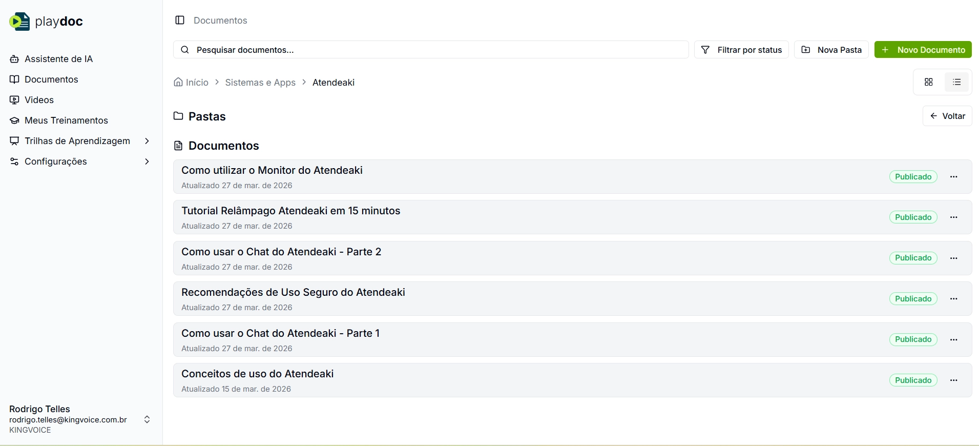 Base de conhecimento do Playdoc: documentos do produto organizados por status e pasta